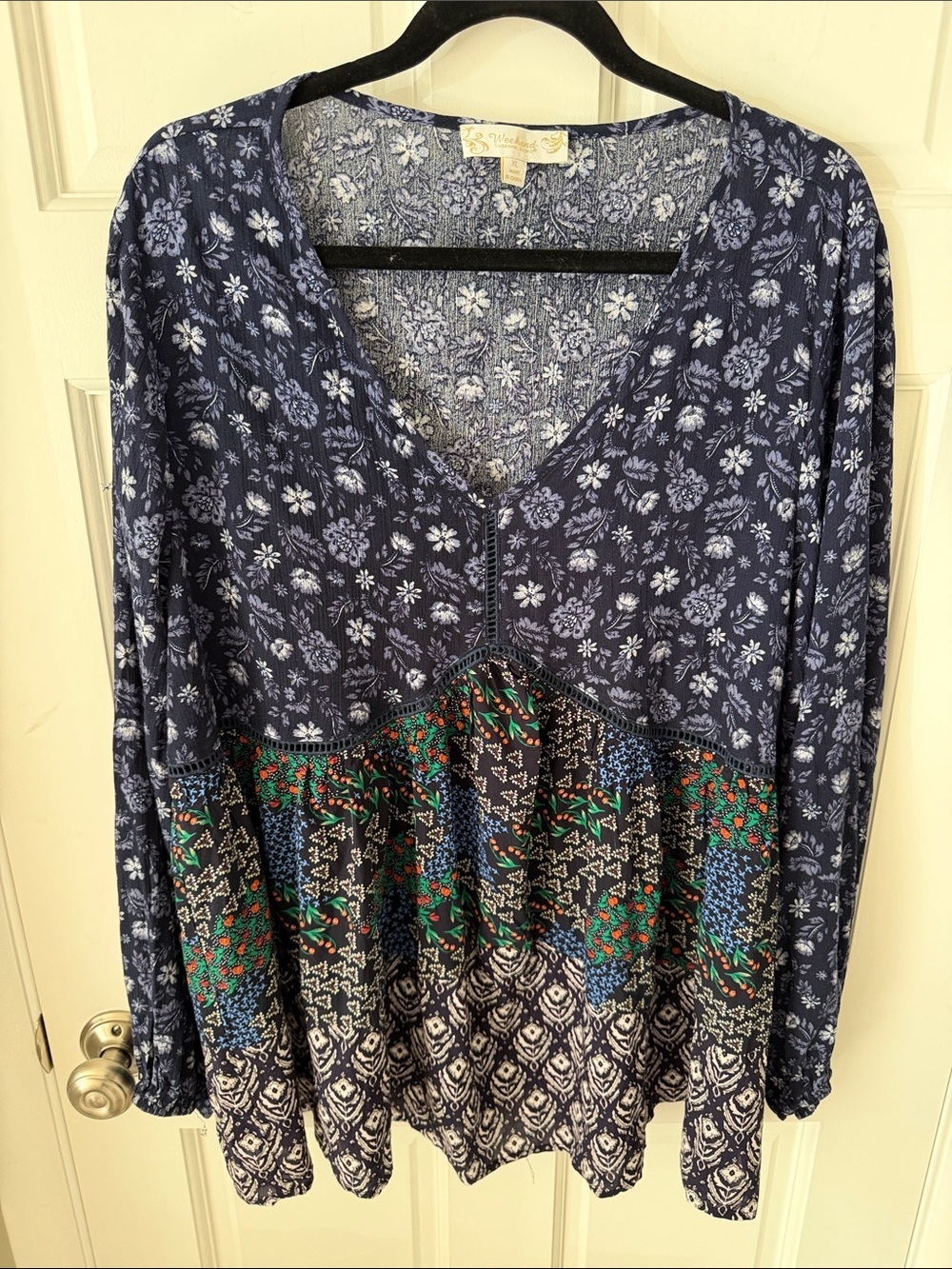 Weekend by Suzanne Betro Mixed Floral
Patchwork Tunic Blouse V-Neck Boho Size XL